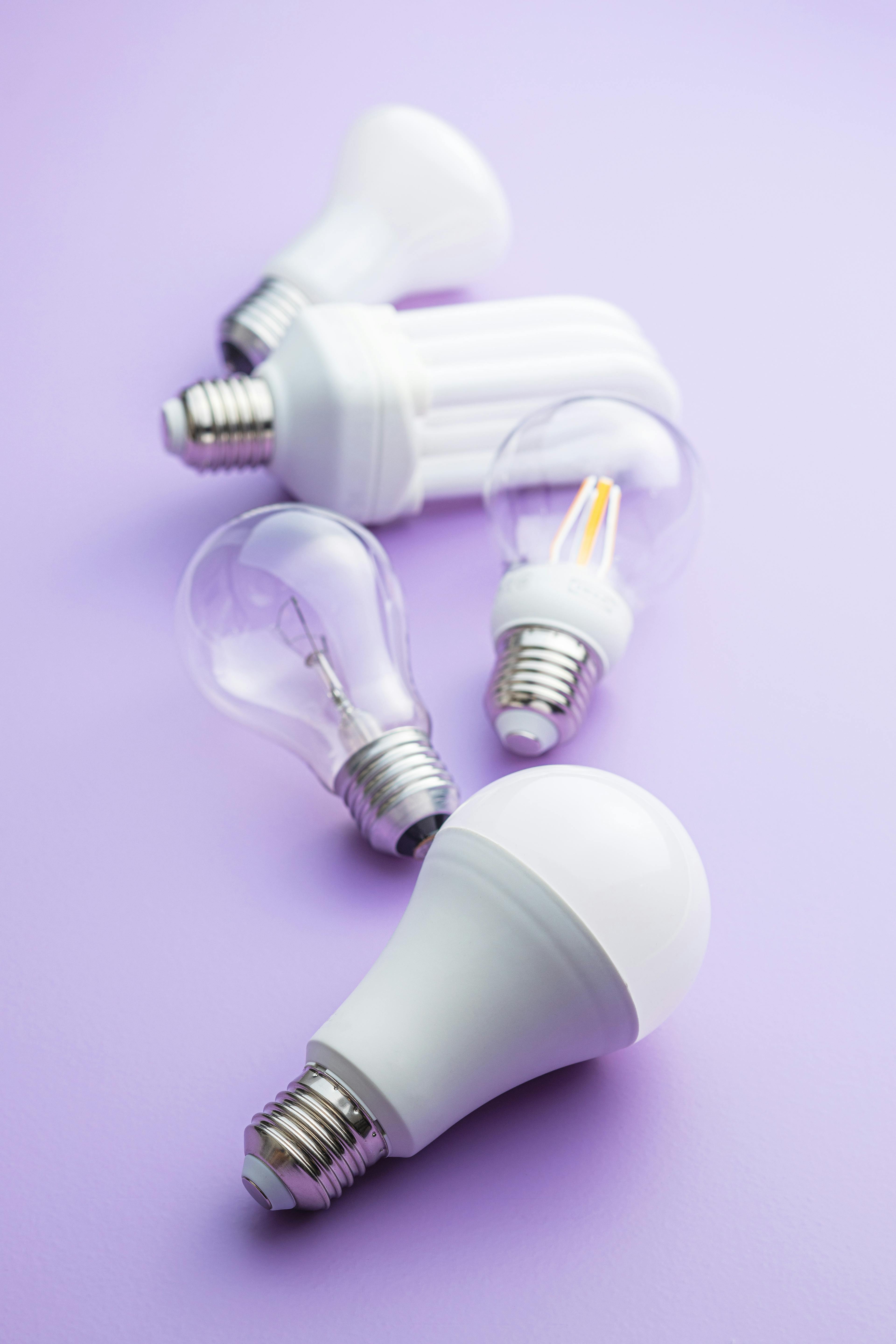 Energy saving light bulbs on purple background